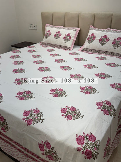 Gulabi Hibiscus King Bedsheet with Pillow Covers