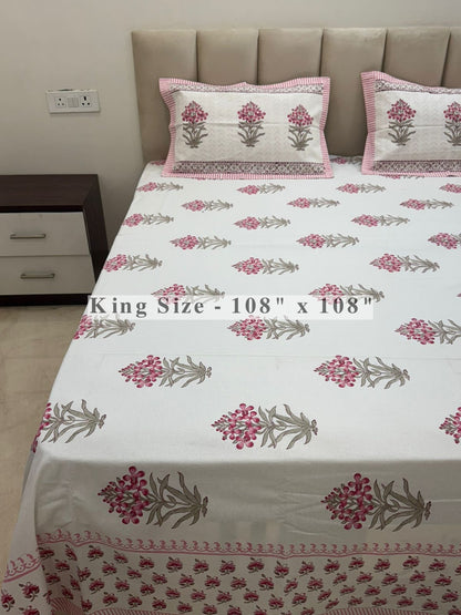 Pink Fern Boota King Bedsheet with Pillow Covers