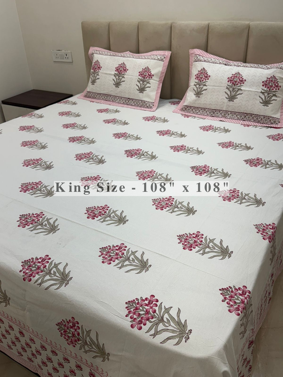 Pink Fern Boota King Bedsheet with Pillow Covers