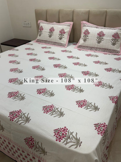 Pink Fern Boota King Bedsheet with Pillow Covers