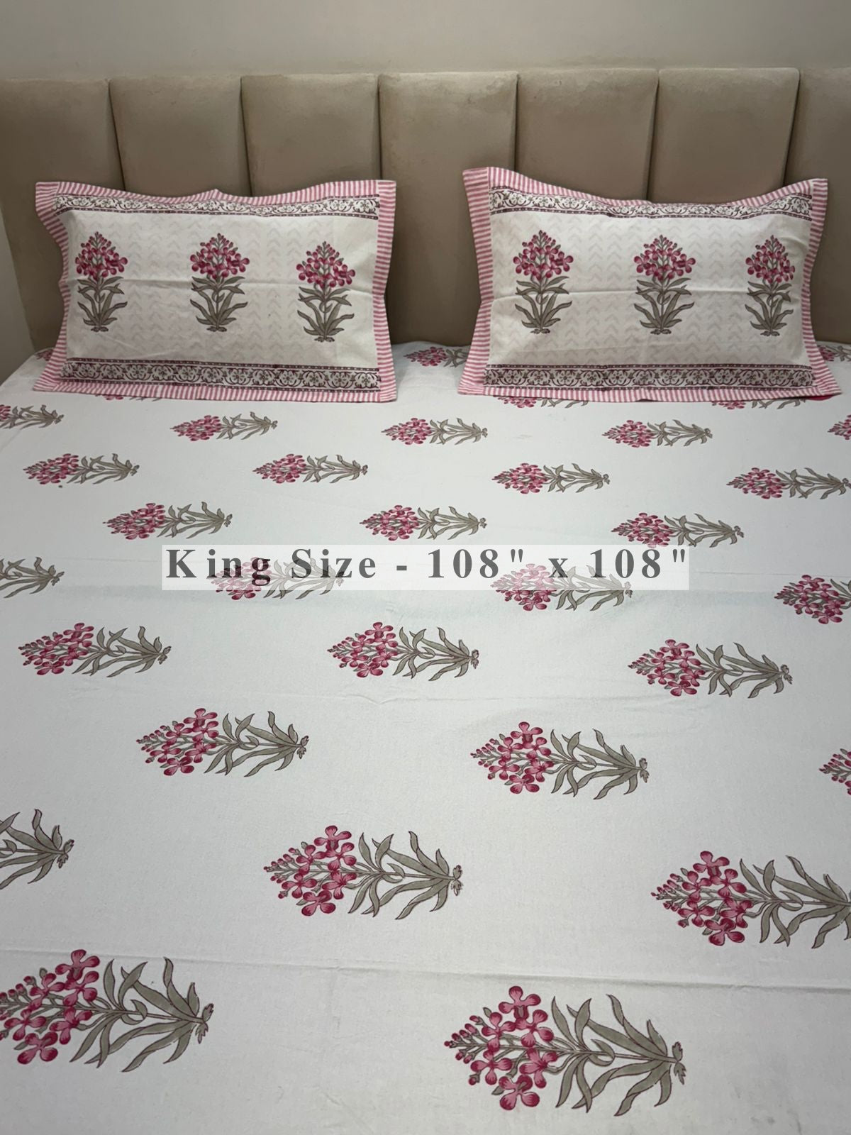 Pink Fern Boota King Bedsheet with Pillow Covers