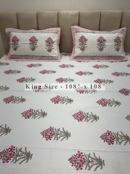 Pink Fern Boota King Bedsheet with Pillow Covers