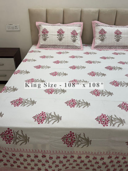 Pink Fern Boota King Bedsheet with Pillow Covers