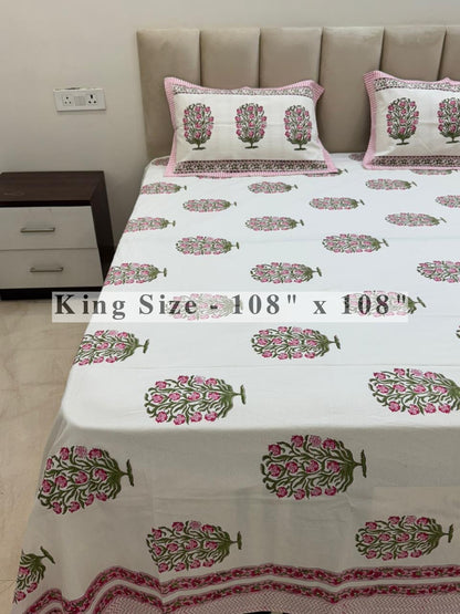 Pink Boota King Bedsheet with Pillow Covers