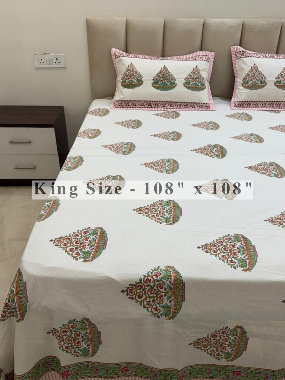Aqua Pink Bageecha King Bedsheet with Pillow Covers