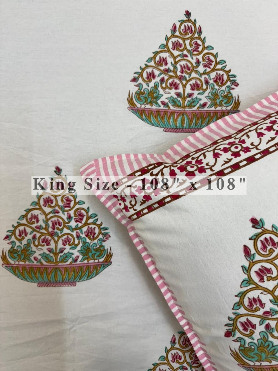 Aqua Pink Bageecha King Bedsheet with Pillow Covers
