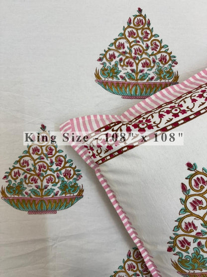 Aqua Pink Bageecha King Bedsheet with Pillow Covers