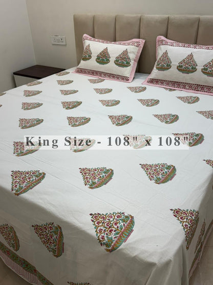 Aqua Pink Bageecha King Bedsheet with Pillow Covers