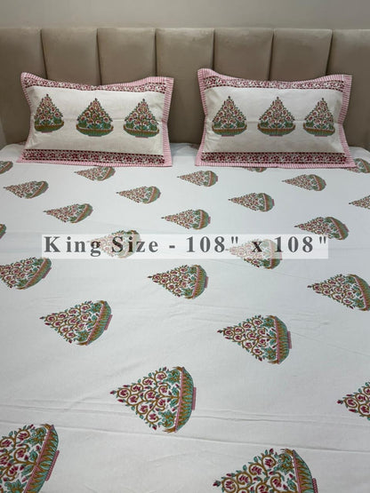 Aqua Pink Bageecha King Bedsheet with Pillow Covers