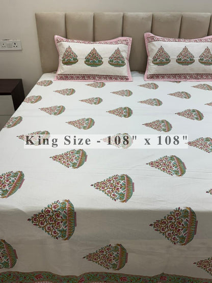 Aqua Pink Bageecha King Bedsheet with Pillow Covers
