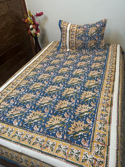 Mustard Blue Blossom Single Bedsheet with Pillow Cover