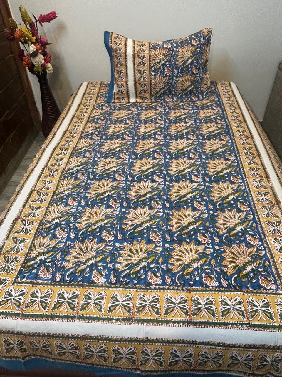 Mustard Blue Blossom Single Bedsheet with Pillow Cover