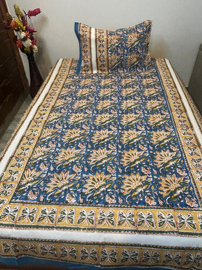 Mustard Blue Blossom Single Bedsheet with Pillow Cover