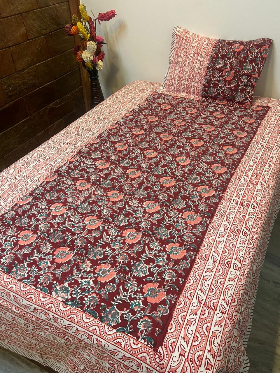 Maroon Peach Single Bedsheet with Pillow Cover