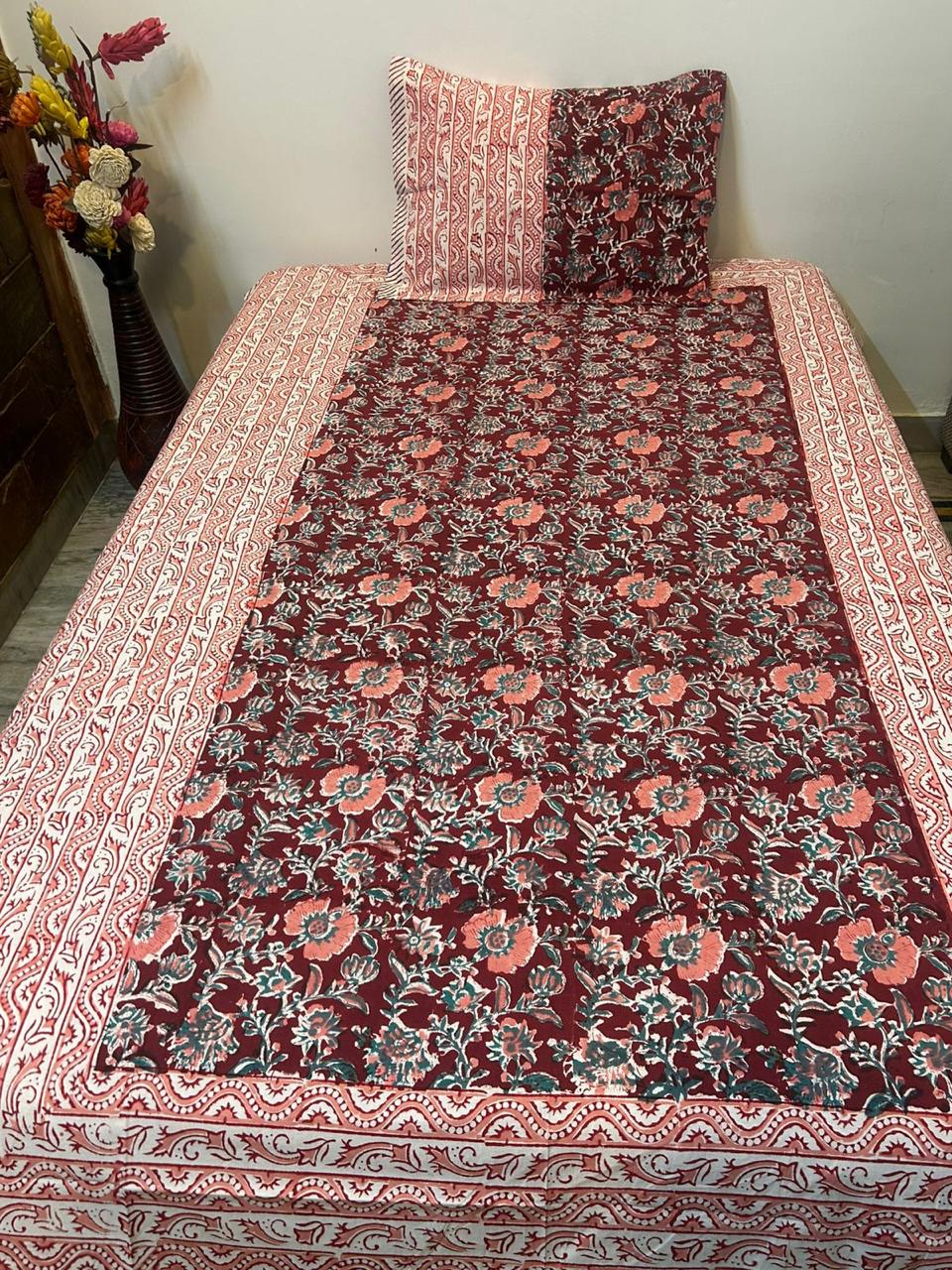 Maroon Peach Single Bedsheet with Pillow Cover