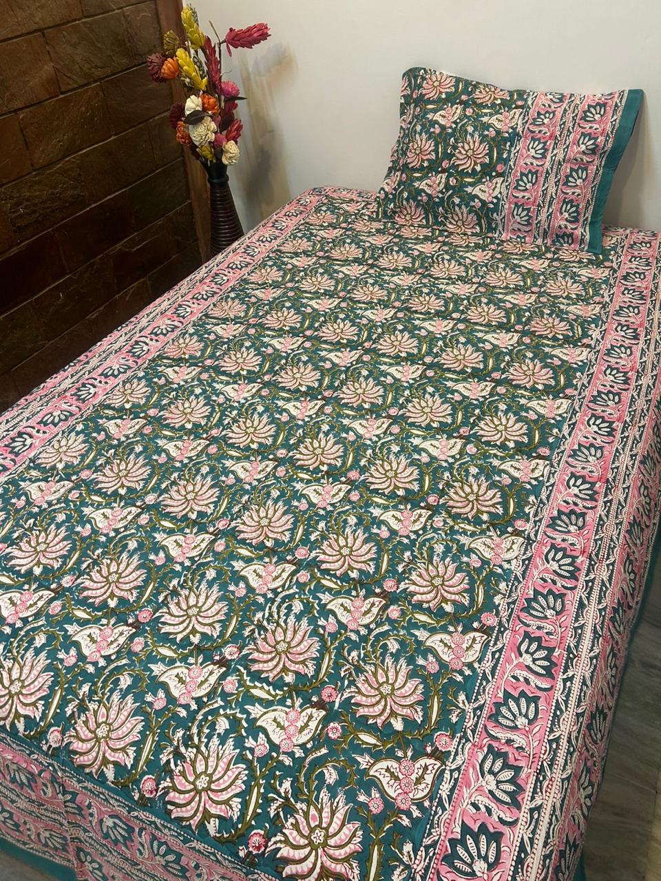 Teal Blossom Single Bedsheet with Pillow Cover