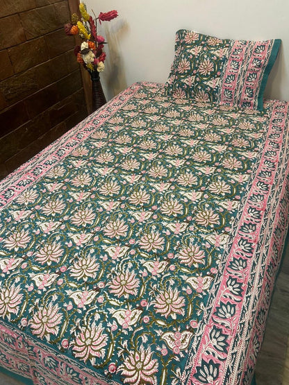 Teal Blossom Single Bedsheet with Pillow Cover