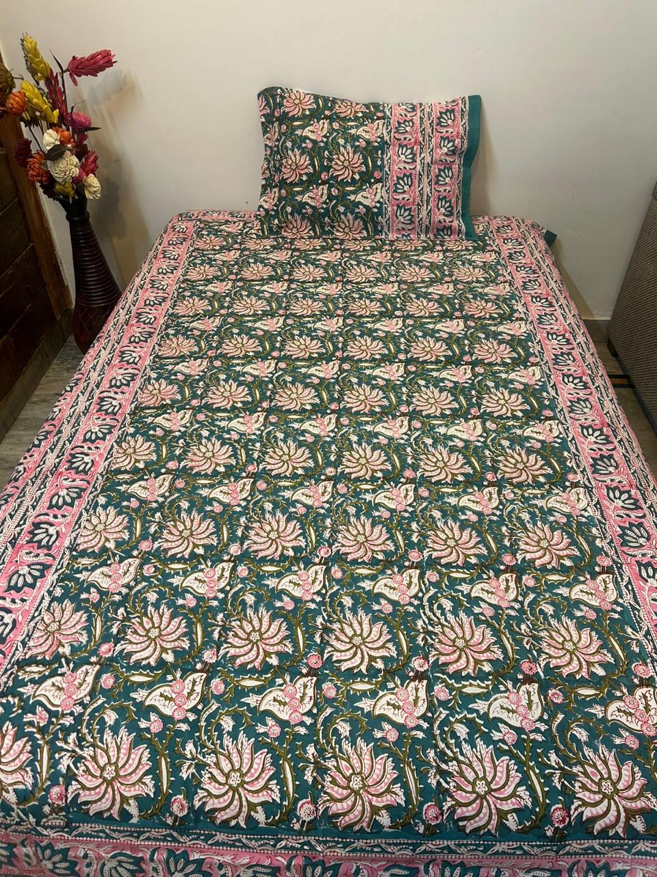 Teal Blossom Single Bedsheet with Pillow Cover