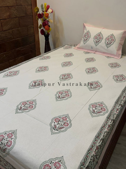 Pink Boota Single Bedsheet with Pillow Cover