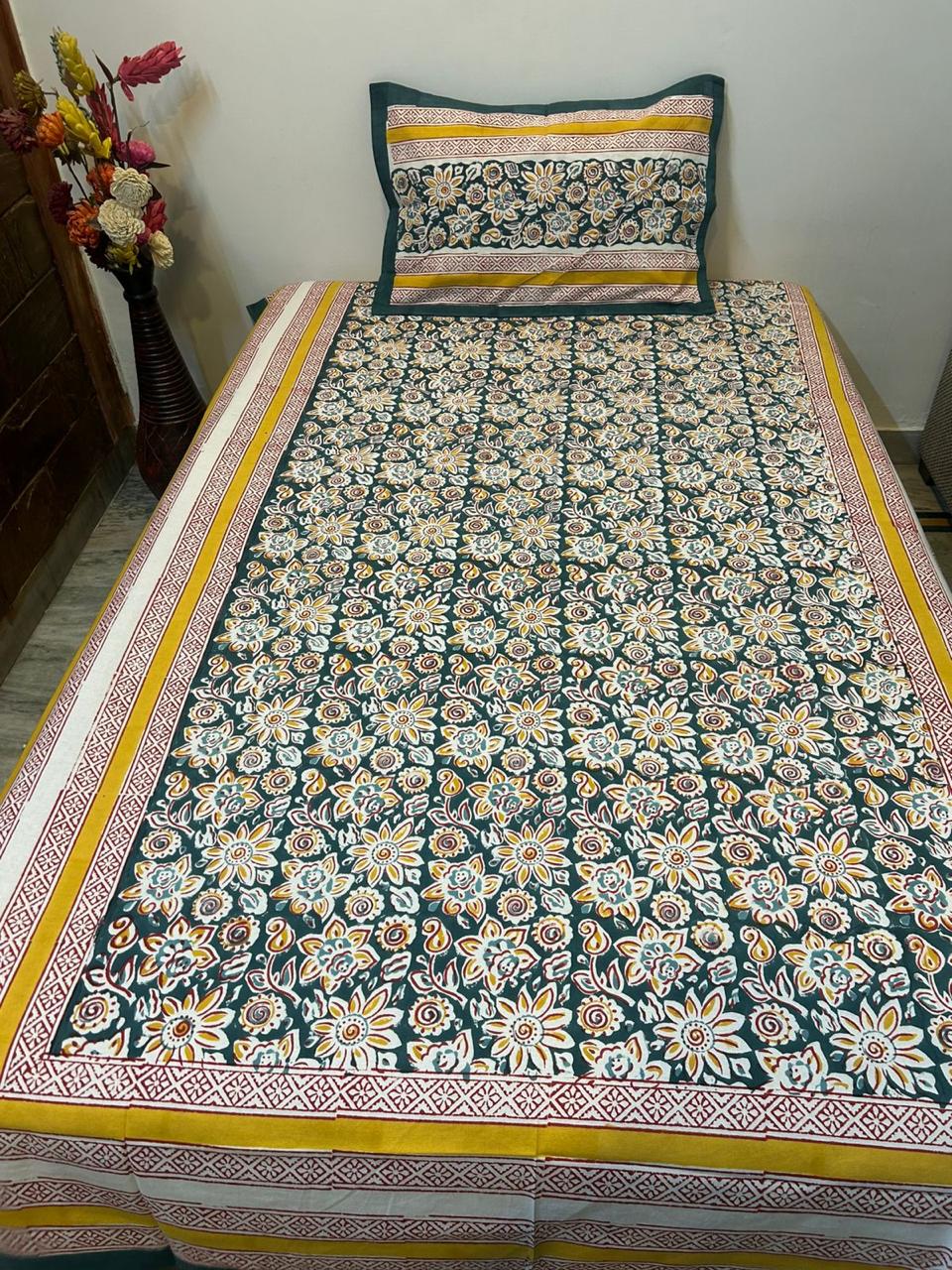 Green Yellow Florals Single Bedsheet with Pillow Cover