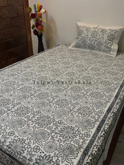 Gray Blossom Single Bedsheet with Pillow Cover