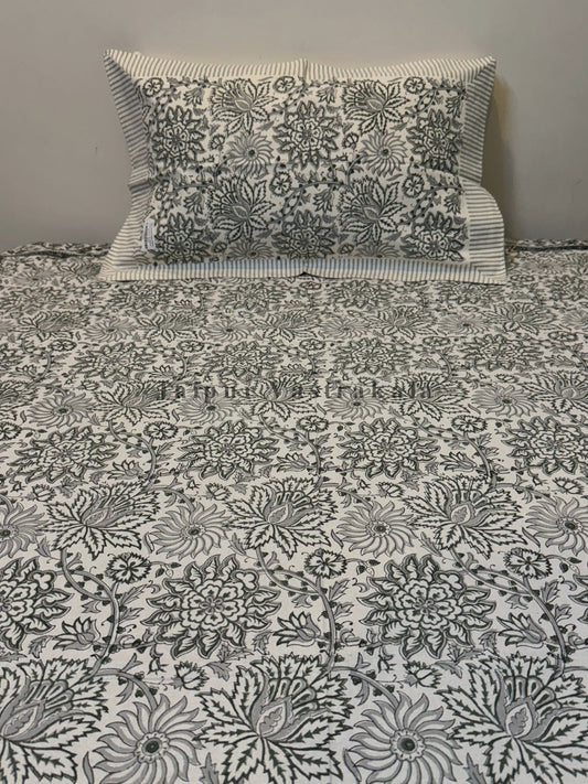 Gray Blossom Single Bedsheet with Pillow Cover