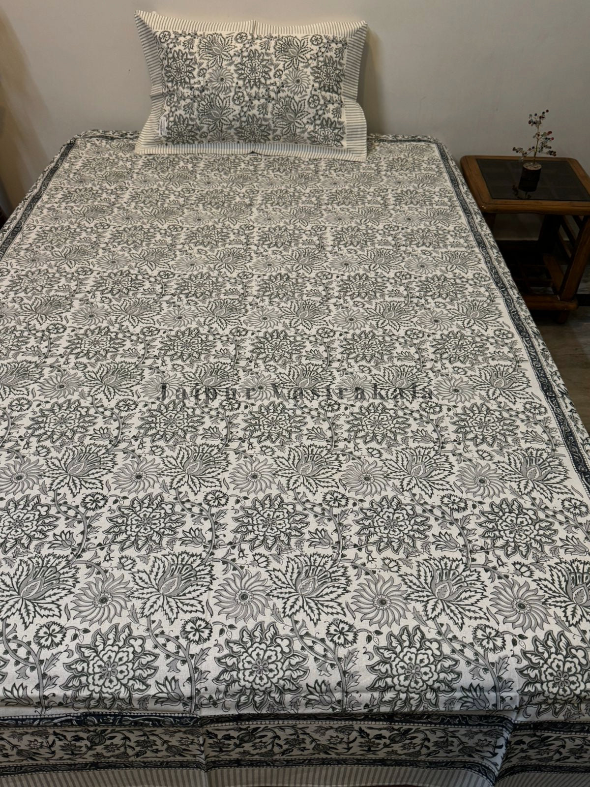 Gray Blossom Single Bedsheet with Pillow Cover