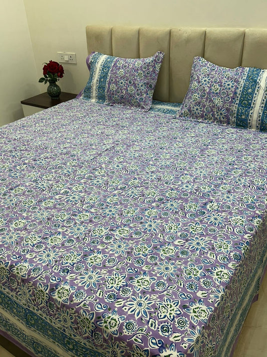 Lilac Blue Blossom Double Bedsheet with Pillow Covers