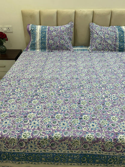 Lilac Blue Blossom Double Bedsheet with Pillow Covers