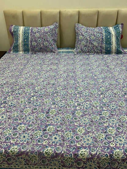 Lilac Blue Blossom Double Bedsheet with Pillow Covers