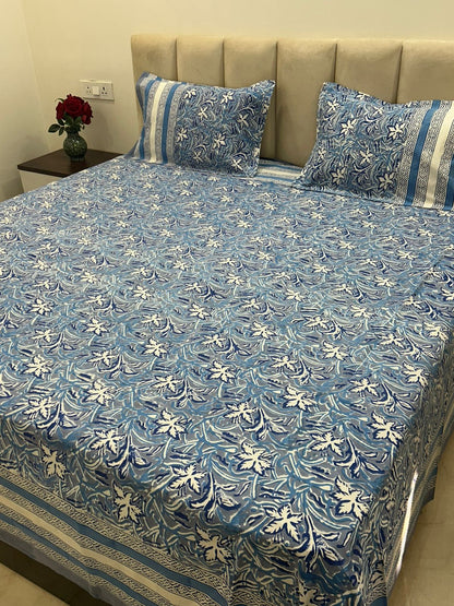 Slate Blue Petals Double Bedsheet with Pillow Covers