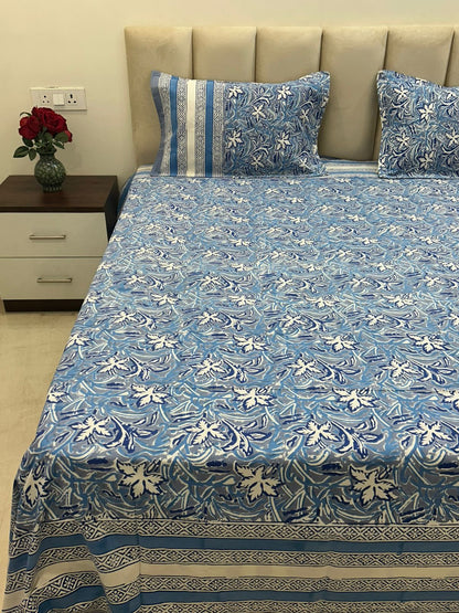 Slate Blue Petals Double Bedsheet with Pillow Covers