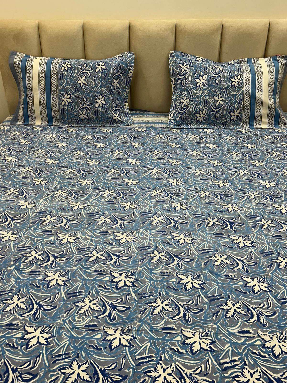 Slate Blue Petals Double Bedsheet with Pillow Covers