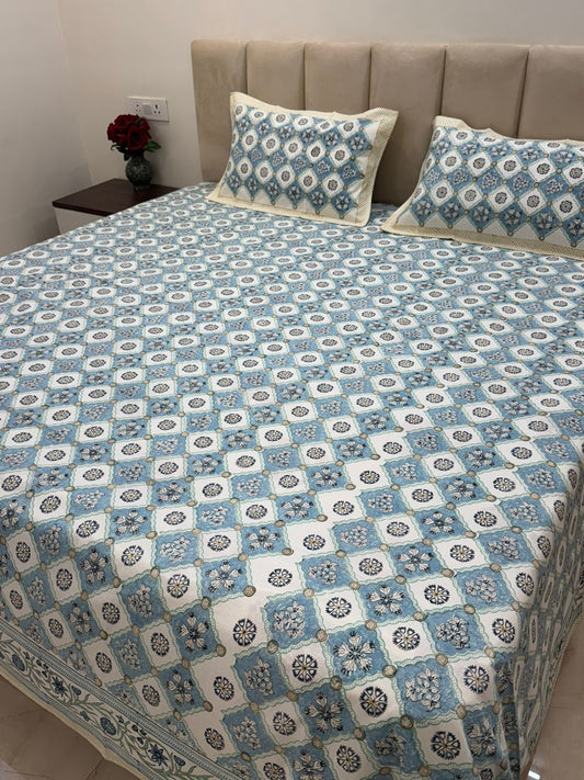 Azure Geometry Double Bedsheet with Pillow Covers