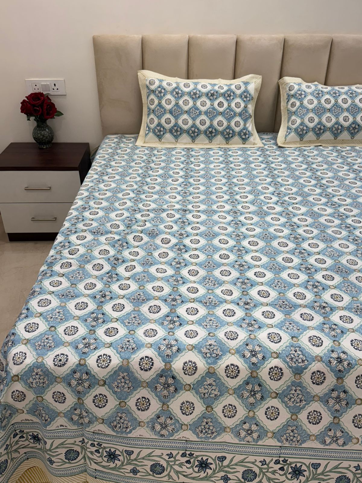 Azure Geometry Double Bedsheet with Pillow Covers