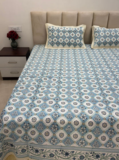 Azure Geometry Double Bedsheet with Pillow Covers