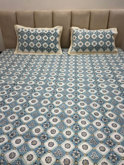Azure Geometry Double Bedsheet with Pillow Covers