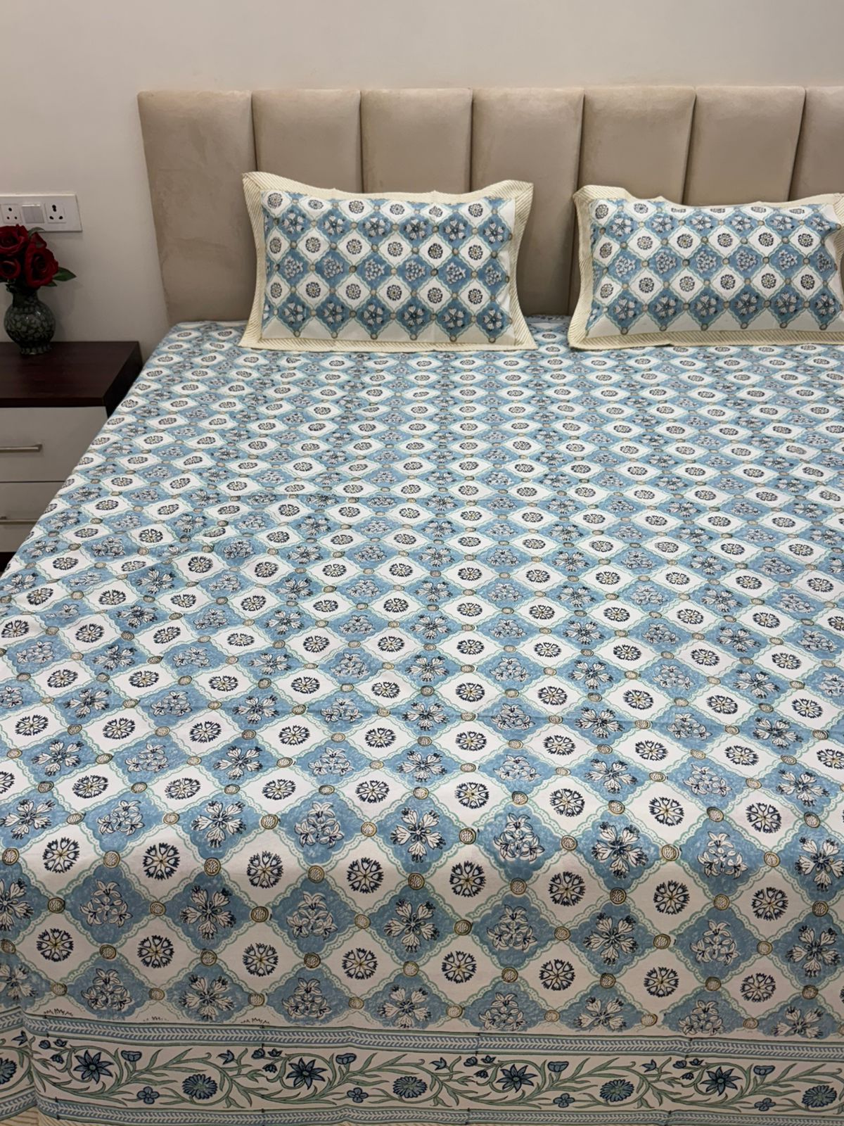 Azure Geometry Double Bedsheet with Pillow Covers