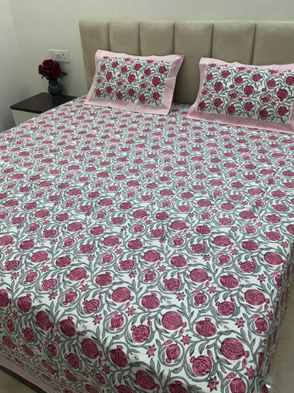 Pink Gray Pomegranate Double Bedsheet with Pillow Covers