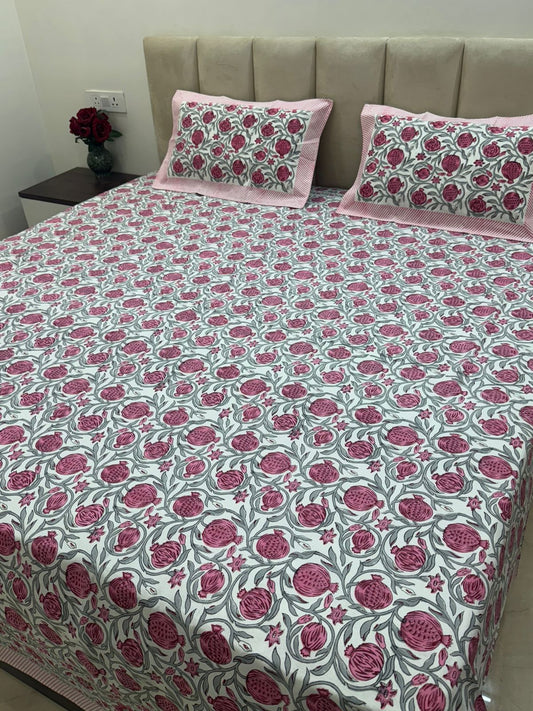 Pink Gray Pomegranate Double Bedsheet with Pillow Covers