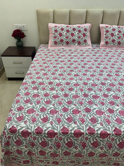 Pink Gray Pomegranate Double Bedsheet with Pillow Covers