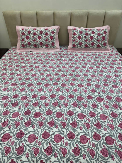 Pink Gray Pomegranate Double Bedsheet with Pillow Covers