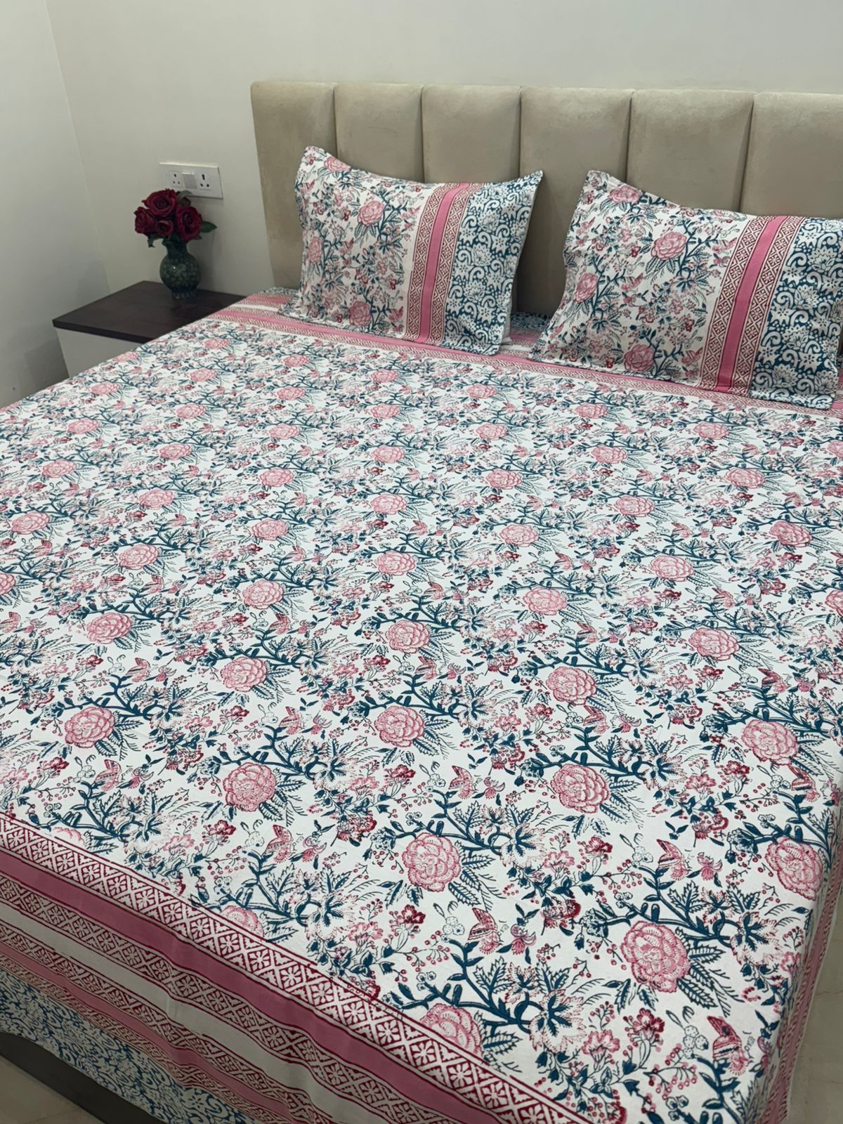 Pink Petals Framed Double Bedsheet with Pillow Covers