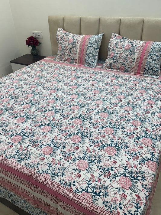 Pink Petals Framed Double Bedsheet with Pillow Covers