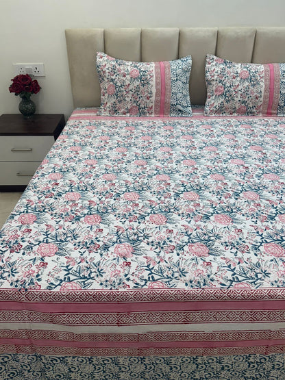 Pink Petals Framed Double Bedsheet with Pillow Covers