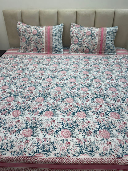 Pink Petals Framed Double Bedsheet with Pillow Covers