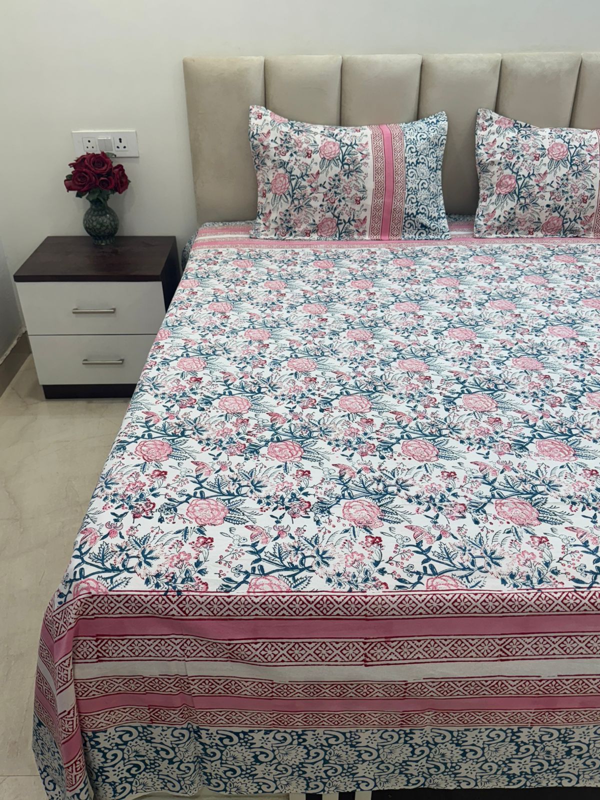 Pink Petals Framed Double Bedsheet with Pillow Covers