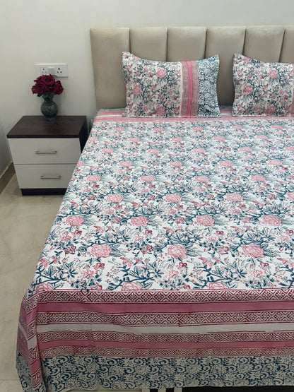 Pink Petals Framed Double Bedsheet with Pillow Covers