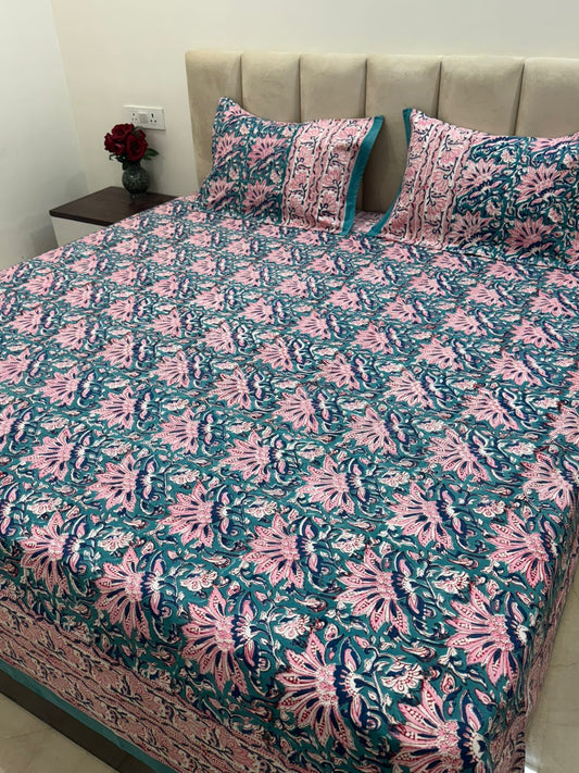 Teal Pink Double Bedsheet with Pillow Covers
