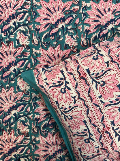 Teal Pink Double Bedsheet with Pillow Covers